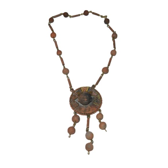 Vintage Copper And Clay Mayan Aztec Pendant Bead Necklace Very Rare! - Picture 3 of 10